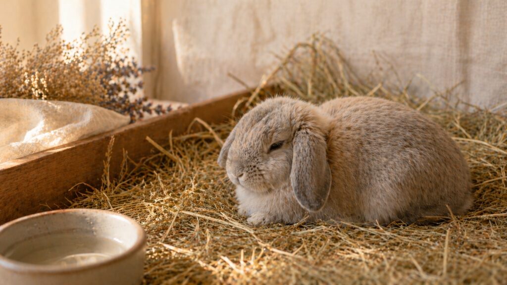 Lapin bélier au pelage gris-beige dans un enclos en bois garni de foin, bol en céramique blanche et brins de lavande séchée